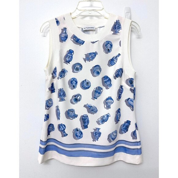 Altuzarra Vase Pottery Print Tank Top Blouse Blue White Stripe Sleeveless S - Picture 1 of 13